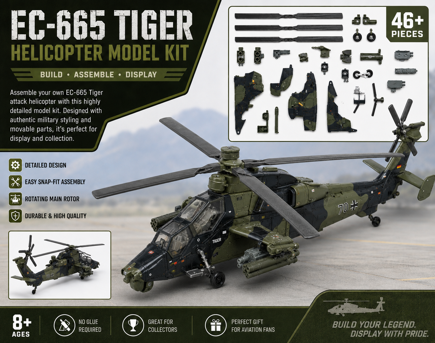 1:72 Scale EC-665 Army Helicopter Quick Build Model Kit – 24 Piece Military Helicopter Build