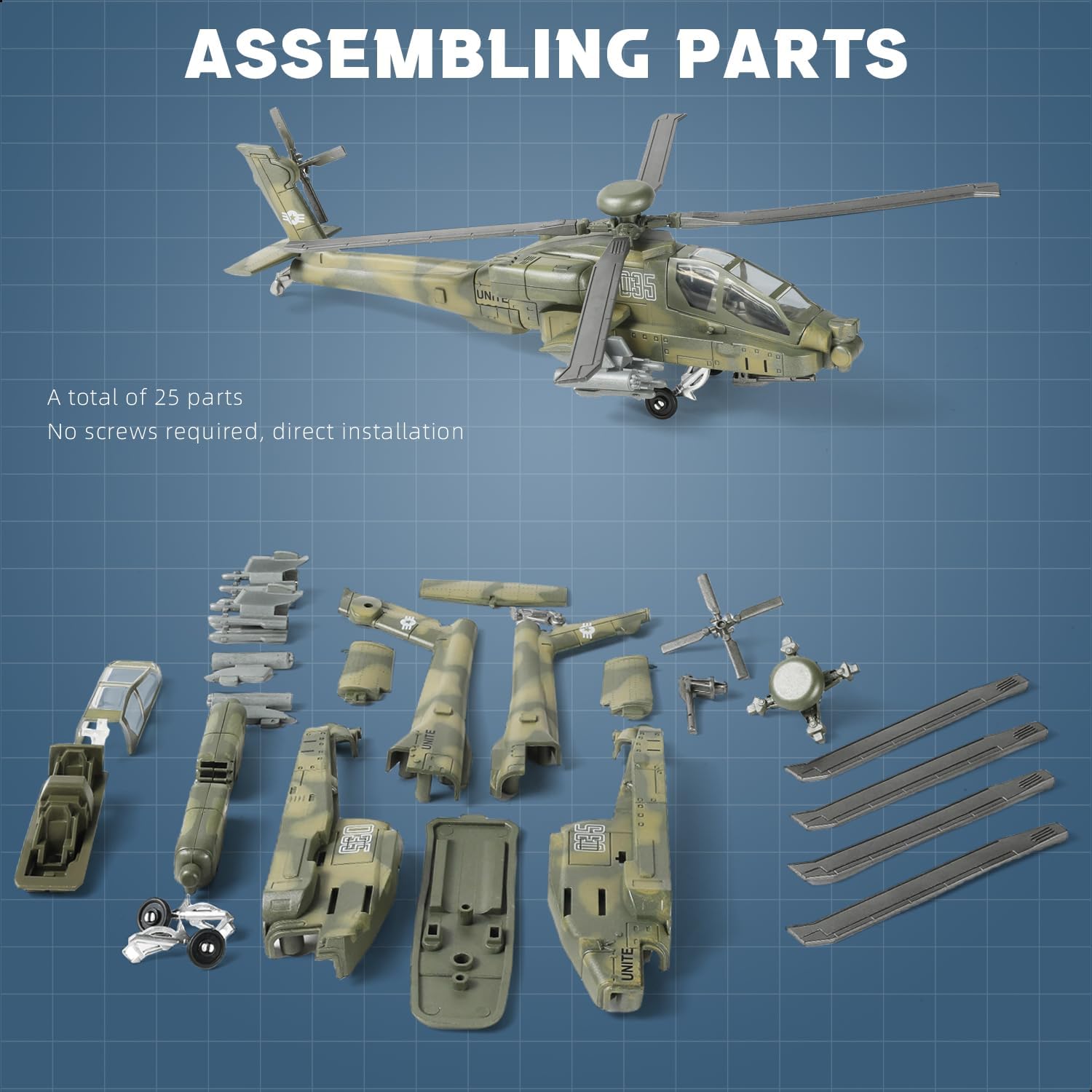 1:72 Scale AH-64 Apache Quick Build Helicopter Model Kit – 25 Piece Military Helicopter Build