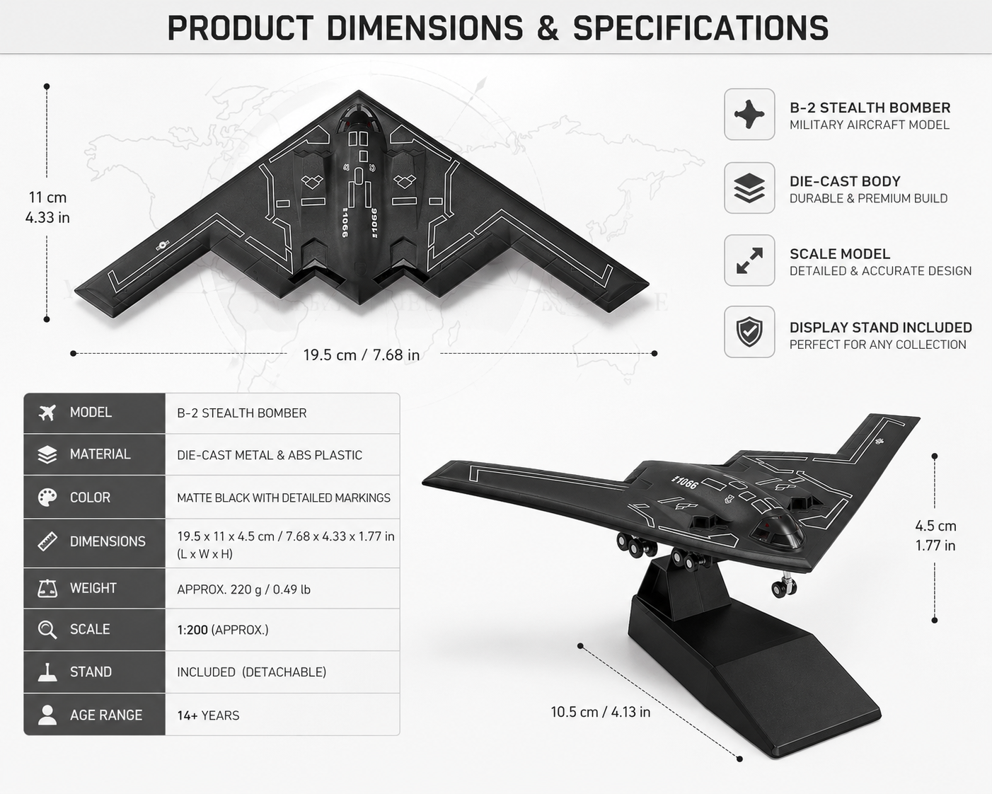 B-2 Spirit Stealth Bomber Die-Cast Aircraft Model – 1:200 Scale Military Display Plane