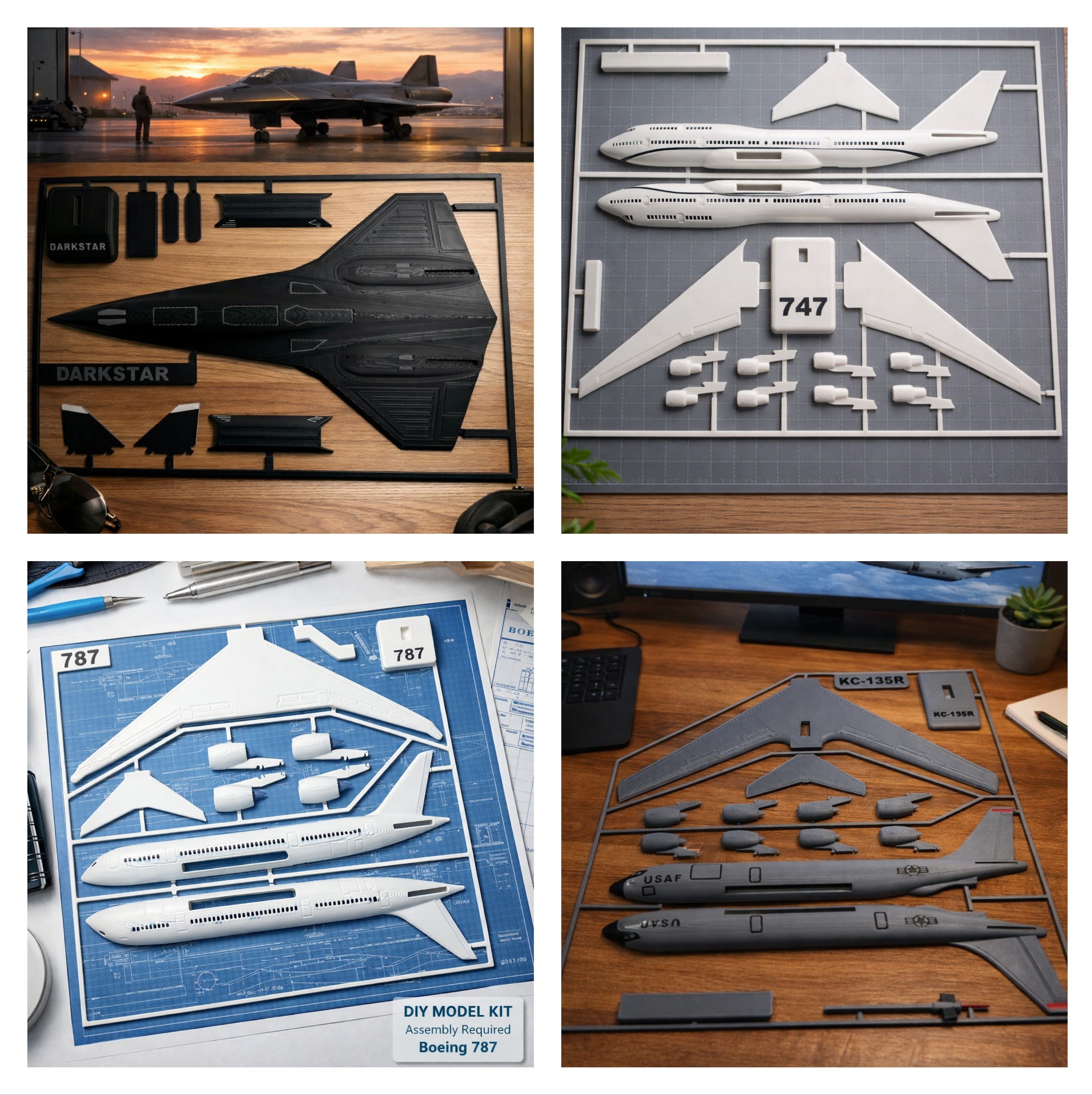 Aviation Starter Bundle 3D Printed Model Kit Collection – KC-135, Boeing 747, 787, Darkstar & Fighter Jets
