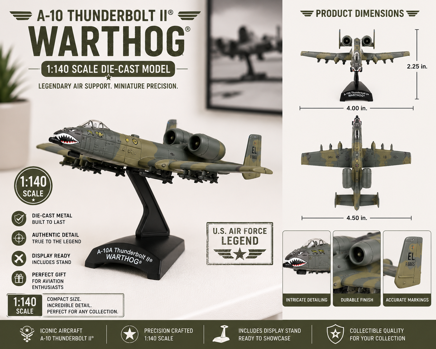 A-10 Thunderbolt II “Warthog” Display Model – 1:140 Scale Close Air Support Aircraft